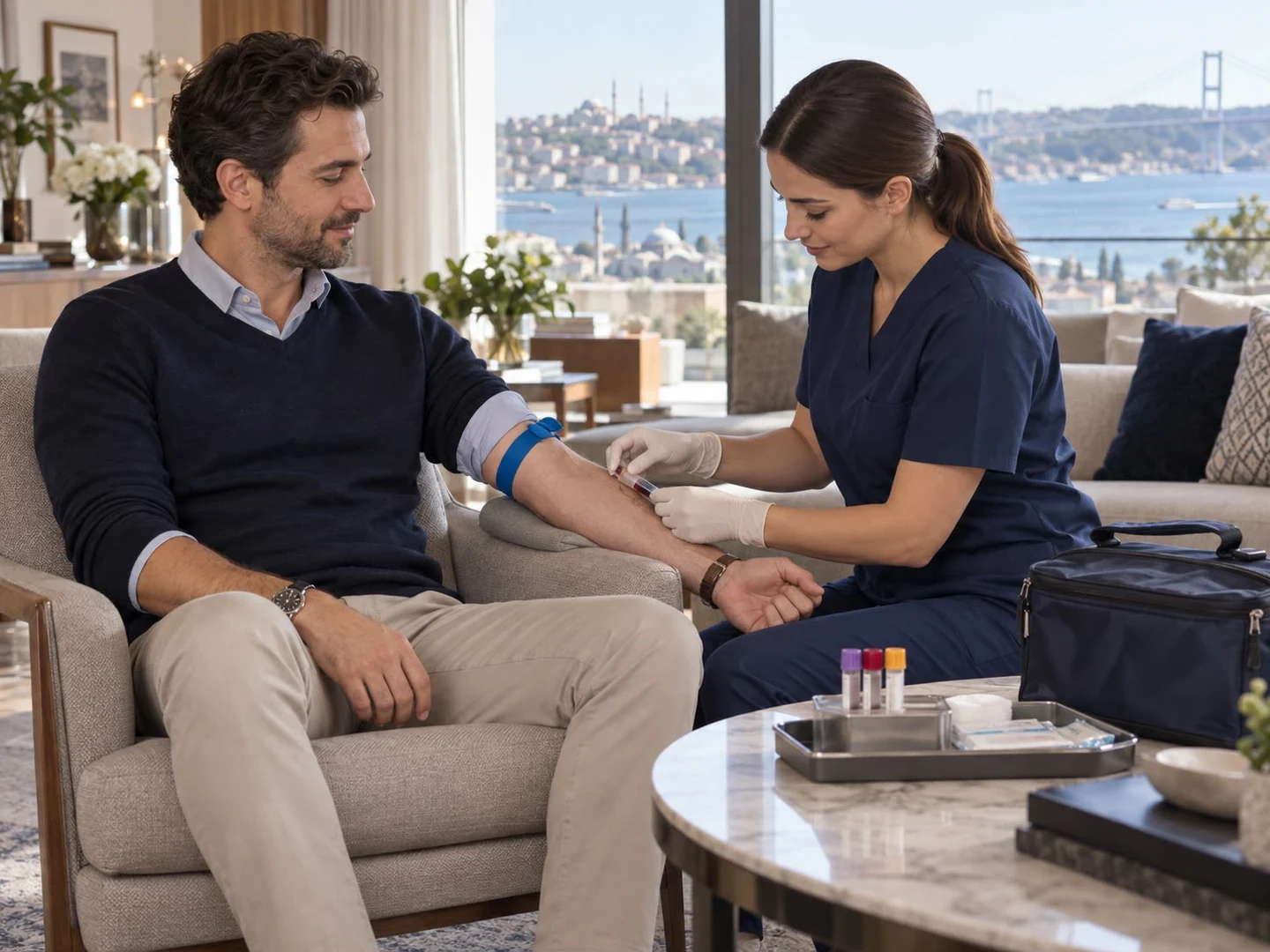 Home blood sample collection by a healthcare professional, illustrative image